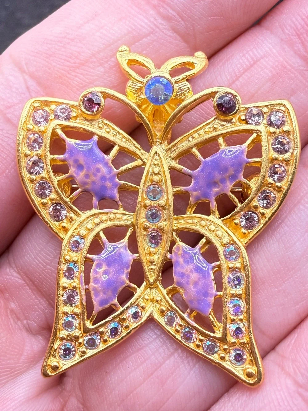 Vintage Kirks Folly Purple Butterfly Rhinestone Brooch Pendant Gold Tone